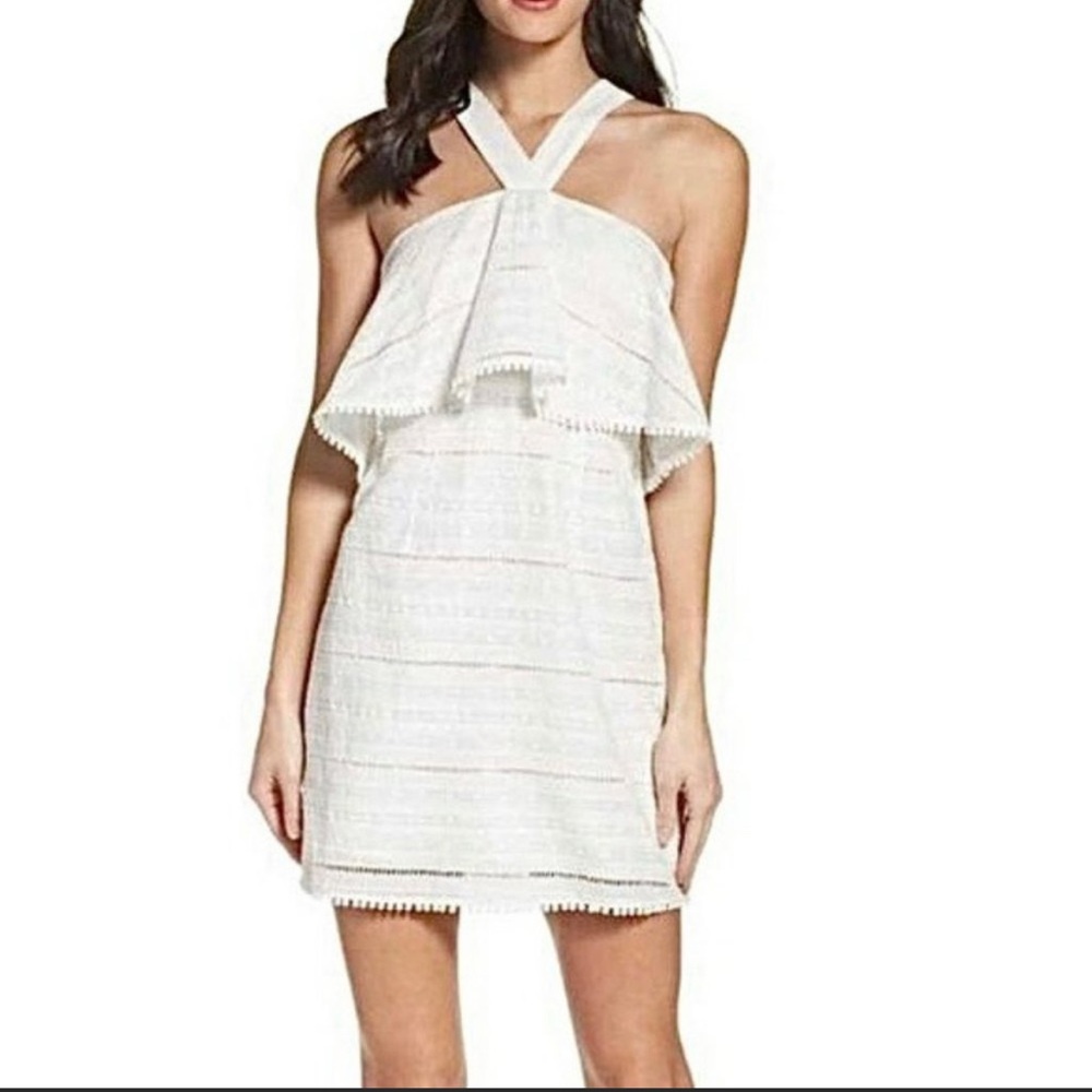 Foxiedox white halter top lace off the shoulder mini dress eyelet ruffle - Picture 2 of 4